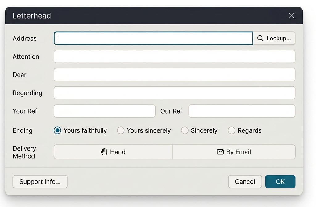 Example of a custom VBA letterhead dialog box in Microsoft Word