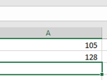 Cell A3 selected, with 105 in A1 and 128 in A2
