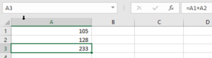 Cell A3 showing 233, with =A1+A2 in the formula bar